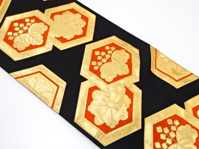 アンティーク　亀甲に花模様織り出し袋帯（着用可）